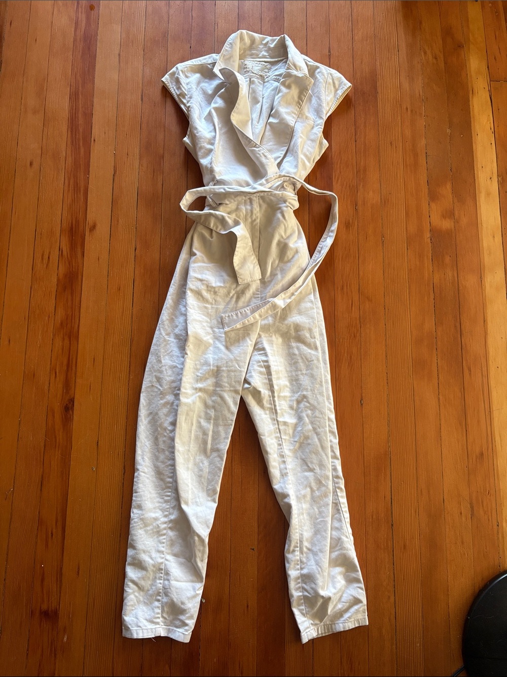 Anthropologie Cream Sleeveless Linen-Blend Jumpsuit with Tie Waist